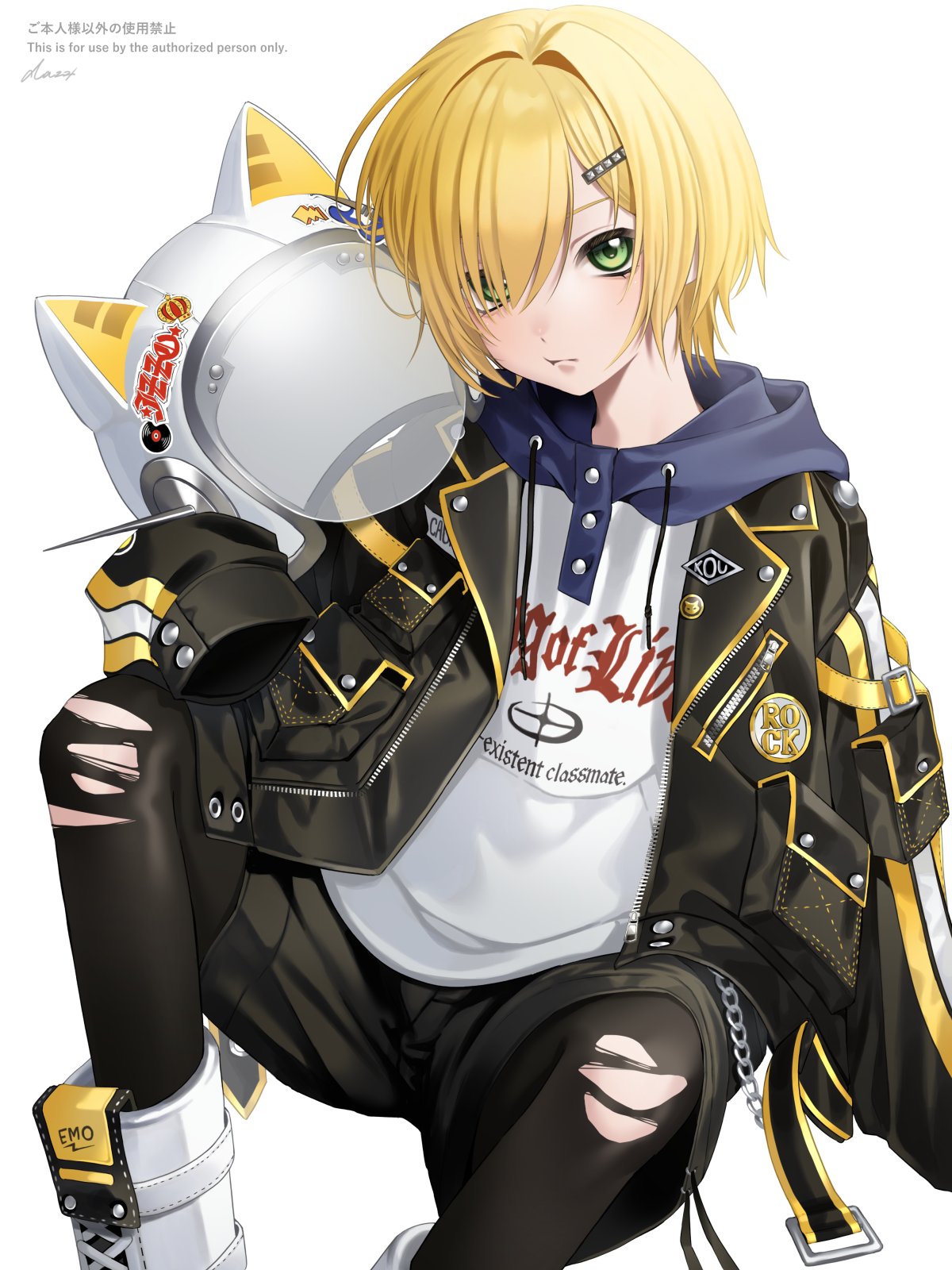 dazz (dazz gp3yd), uzuki kou, nijisanji, highres, 1boy, animal ears helmet, animal helmet, black jacket, black pantyhose, black shorts, blonde hair, cat helmet, closed mouth, clothes writing, drawstring, green eyes, hair intakes, hair ornament, hairclip, helmet, hood, hood down, hoodie, jacket, looking at viewer, male focus, official alternate costume, open clothes, open jacket, pantyhose, short hair, short shorts, shorts, simple background, sitting, solo, torn clothes, torn pantyhose, unworn headwear, unworn helmet, uzuki kou (5th costume), virtual youtuber, white background