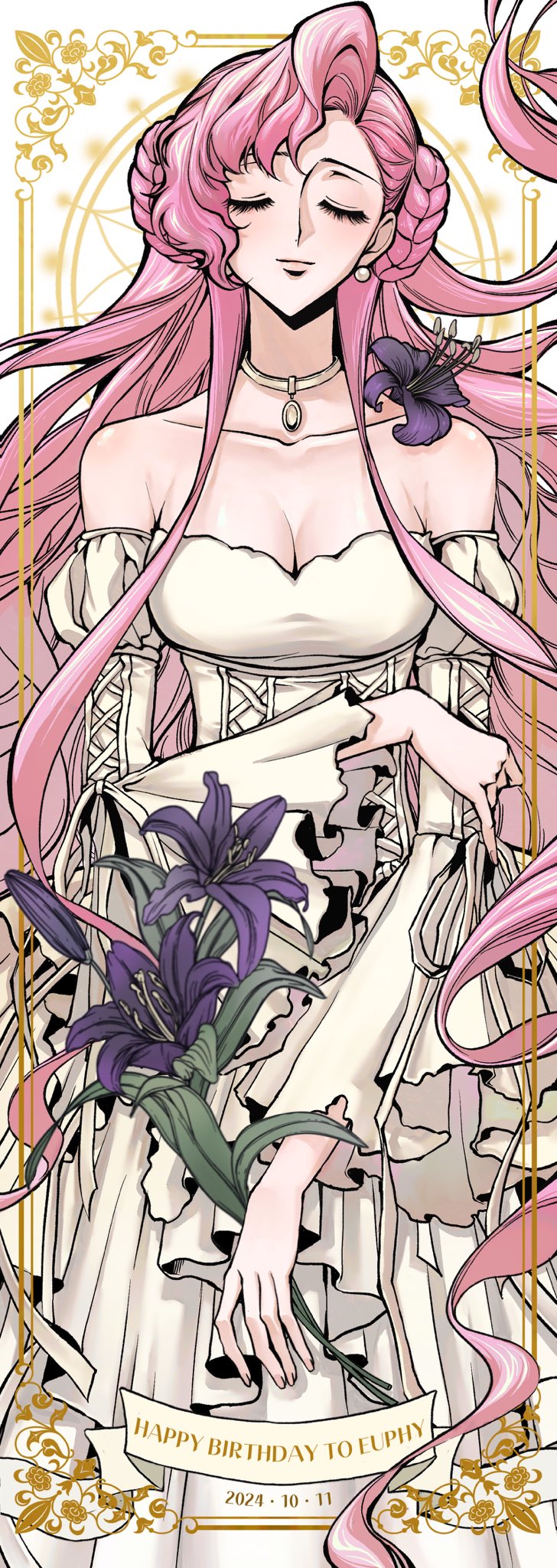 urinxychjzzwlof, euphemia li britannia, code geass, highres, 1girl, black flower, breasts, choker, cleavage, closed eyes, donut hair bun, dress, flower, gold choker, hair bun, holding, holding flower, jewelry, long hair, long sleeves, necklace, pink hair, smile, solo, very long hair, white dress