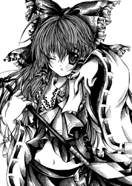 kasuga sunao, hakurei reimu, touhou, 1girl, bow, female focus, gohei, greyscale, hair bow, holding, looking at viewer, midriff, monochrome, navel, nontraditional miko, simple background, solo, stomach, white background