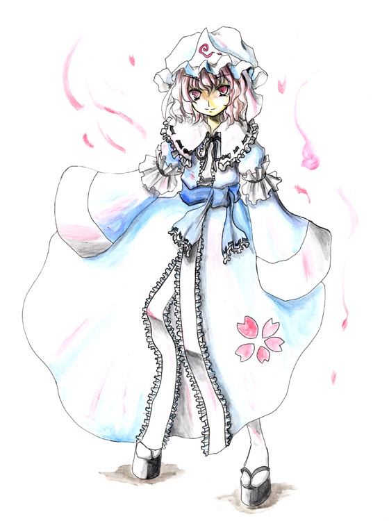 kurona, saigyouji yuyuko, touhou, 1girl, dress, female focus, full body, ghost, hat, japanese clothes, kimono, pink hair, short hair, solo, white background