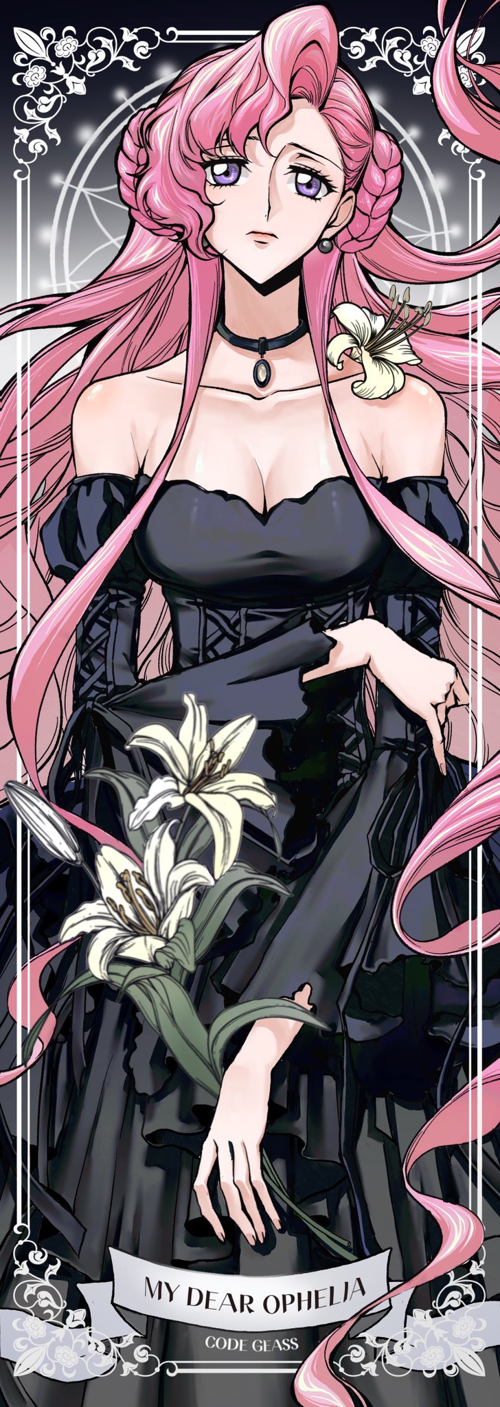 urinxychjzzwlof, euphemia li britannia, code geass, highres, 1girl, black choker, black dress, breasts, choker, cleavage, donut hair bun, dress, flower, frown, hair bun, holding, holding flower, jewelry, long hair, long sleeves, necklace, pink hair, purple eyes, solo, very long hair, white flower