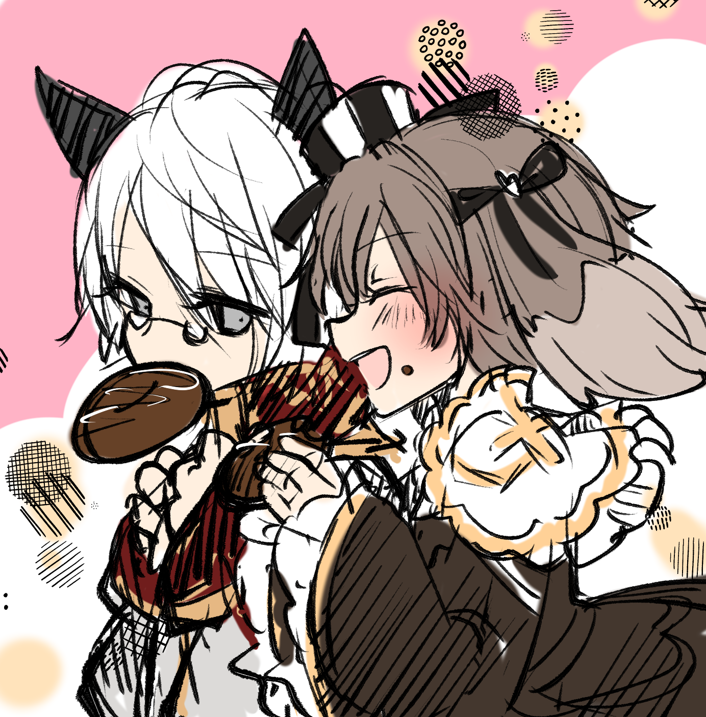 asuta (kinakomoti300), arch bishop (ragnarok online), ragnarok online, commentary request, highres, 1boy, 1girl, animal ears, black dress, black ribbon, brown hair, cat boy, cat ears, closed eyes, donut, dress, food, food in mouth, food on face, frilled dress, frilled sleeves, frills, glasses, grey eyes, hair ribbon, looking at another, official alternate costume, open mouth, pince-nez, pink background, ribbon, short hair, upper body, white hair