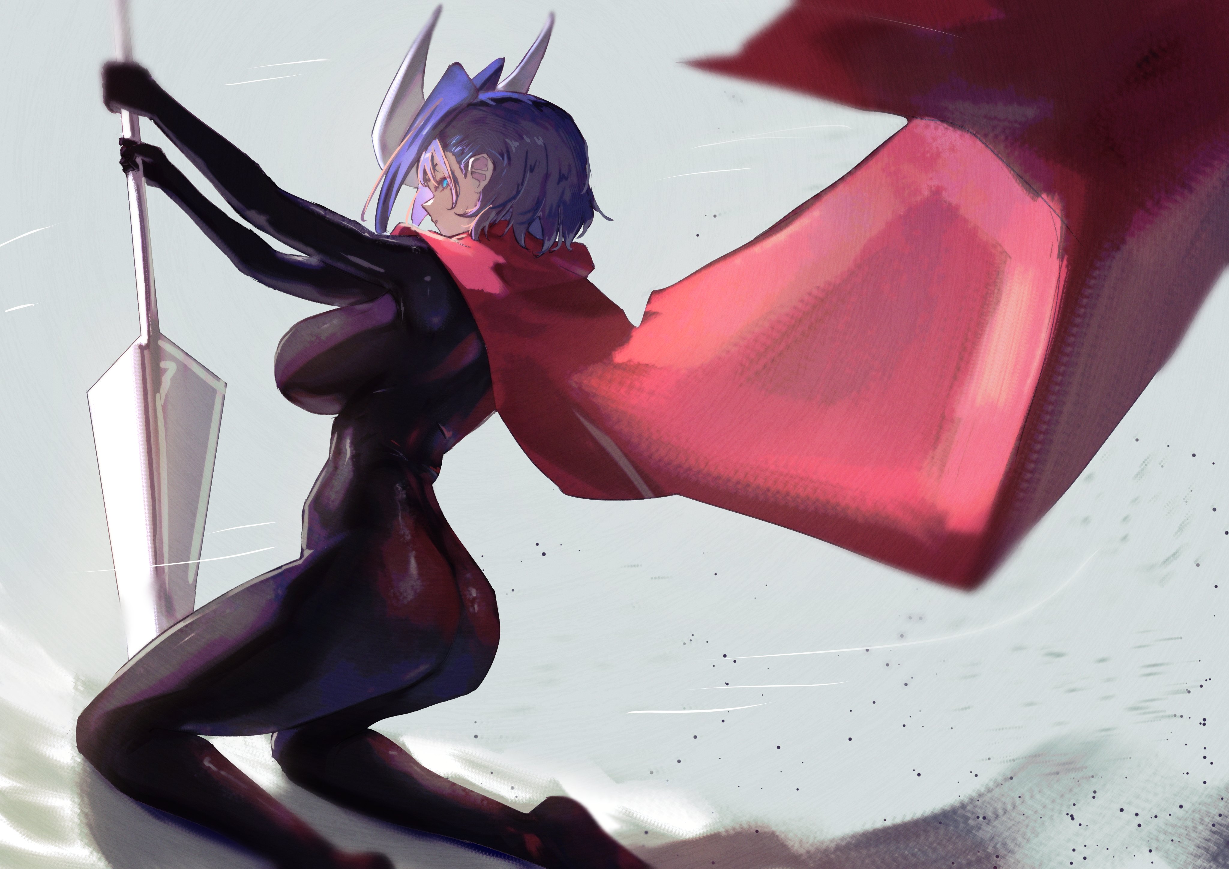 erasorpepero, hornet (hollow knight), ouro kronii, hollow knight, hololive, hololive english, absurdres, highres, 1girl, ass, black bodysuit, black hair, blue eyes, bodysuit, cloak, cosplay, holding, holding polearm, holding weapon, hornet (hollow knight) (cosplay), needle (hollow knight), polearm, red cloak, solo, virtual youtuber, weapon, white mask
