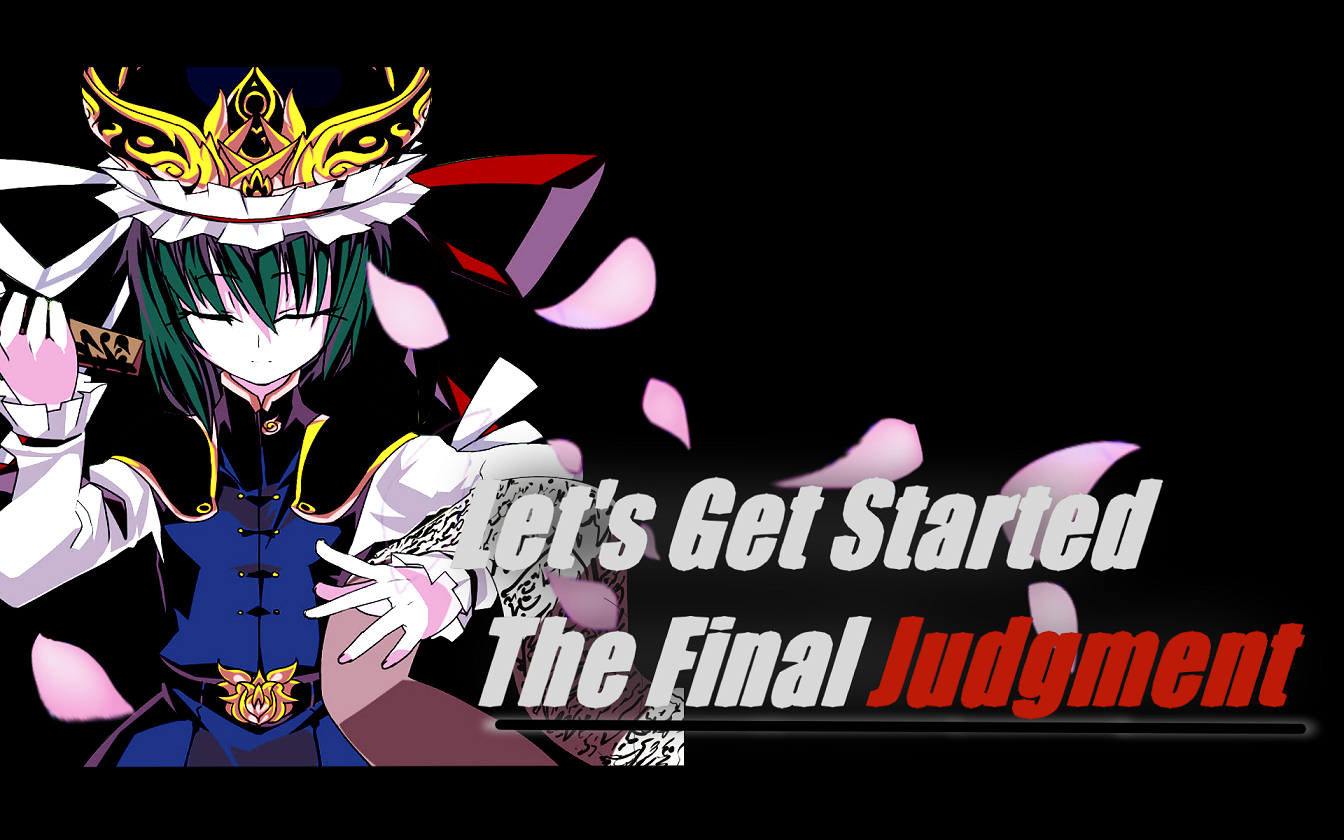 ddd (artist), tsuru (artist), tsuru (clainman), shiki eiki, touhou, third-party edit, 1girl, asymmetrical hair, belt, black background, black belt, blue vest, closed eyes, closed mouth, english text, facing viewer, female focus, frilled hat, frills, green hair, hair between eyes, hand up, hat, hat ribbon, holding, letterboxed, long sleeves, pale skin, petals, red ribbon, ribbon, rod of remorse, scroll, shirt, short hair, shoulder pads, solo, text focus, upper body, vest, white ribbon, white shirt