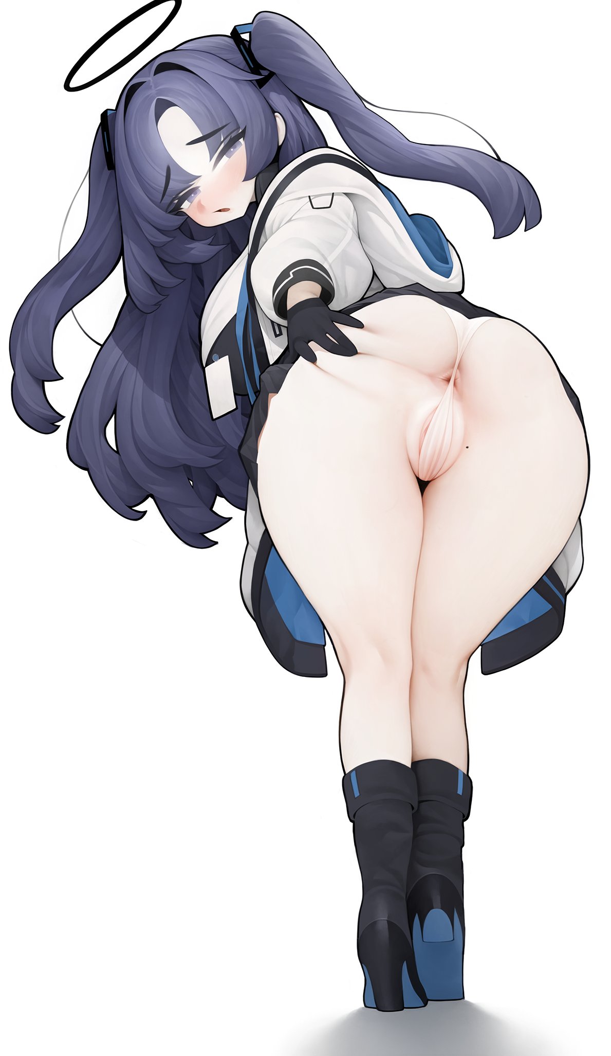 rabbit (wlsdnjs950), yuuka (blue archive), blue archive, 1girl, anus, anus peek, ass, blue eyes, blue hair, blush, boots, gloves, halo, high heel boots, high heels, jacket, leaning forward, long hair, looking at viewer, looking back, mole, open mouth, partially visible vulva, solo, spread anus, spread ass, thick thighs, thighs, thong, white background, wide hips