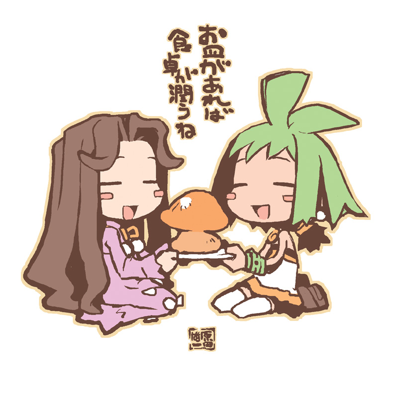 harada takehito, castille, castille (phantom brave), marona (phantom brave), phantom brave, official art, 2girls, ahoge, brown hair, chibi, closed eyes, dress, happy, long hair, multiple girls, ponytail, thighhighs