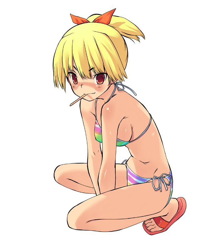 okina ika, original, 1girl, bikini, blonde hair, breasts, fang, female focus, hair ribbon, mouth hold, multicolored bikini, ponytail, red eyes, ribbon, short ponytail, side-tie bikini bottom, sideboob, simple background, solo, striped bikini, striped clothes, swimsuit, white background