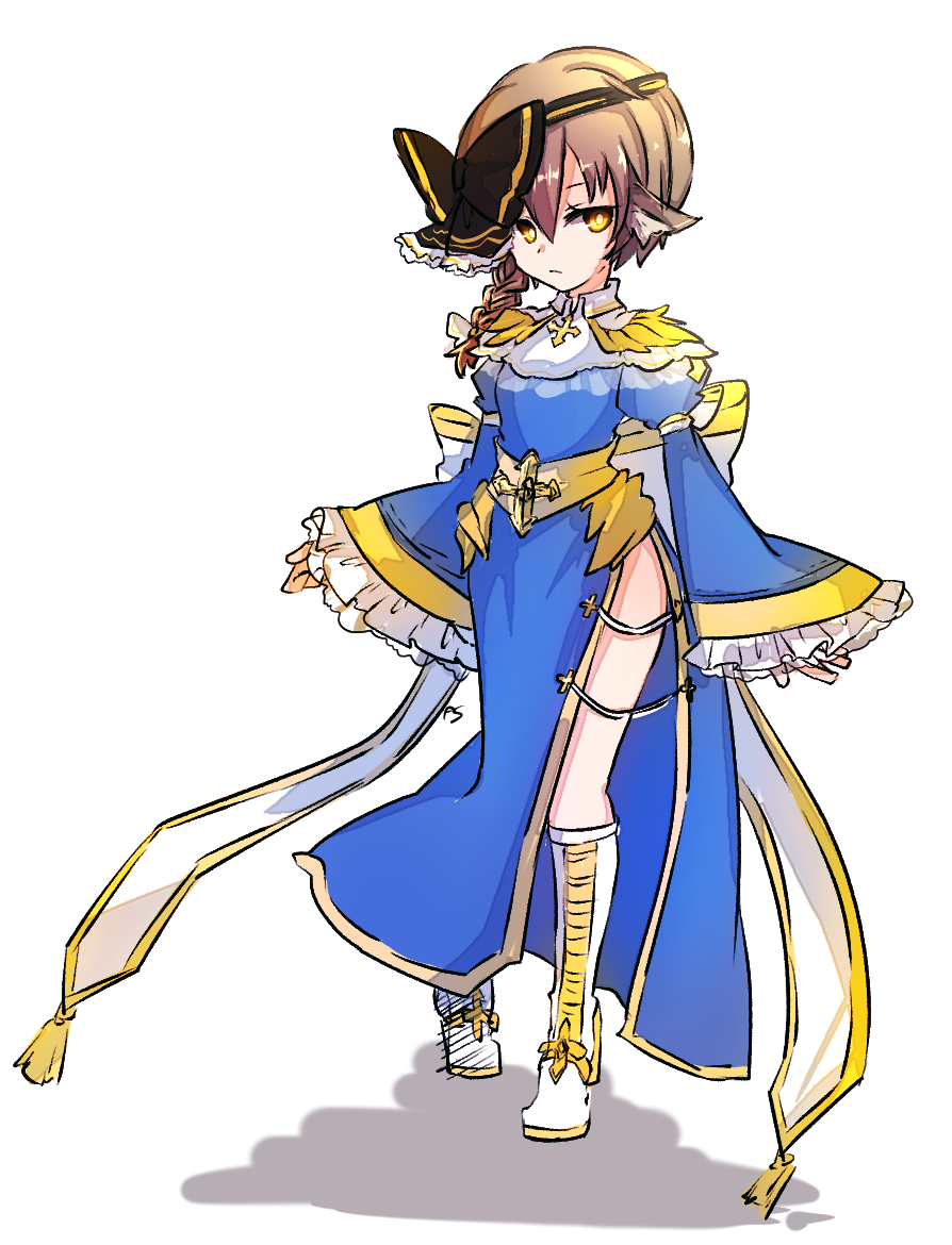 asuta (kinakomoti300), cardinal (ragnarok online), ragnarok online, commentary request, 1girl, animal ears, black bow, black headband, blue dress, boots, bow, braid, brown hair, closed mouth, dress, expressionless, frilled sleeves, frills, full body, hair bow, headband, juliet sleeves, long dress, long sleeves, looking at viewer, medium hair, puffy sleeves, side braid, side slit, simple background, single braid, solo, white background, white boots, wide sleeves, yellow eyes