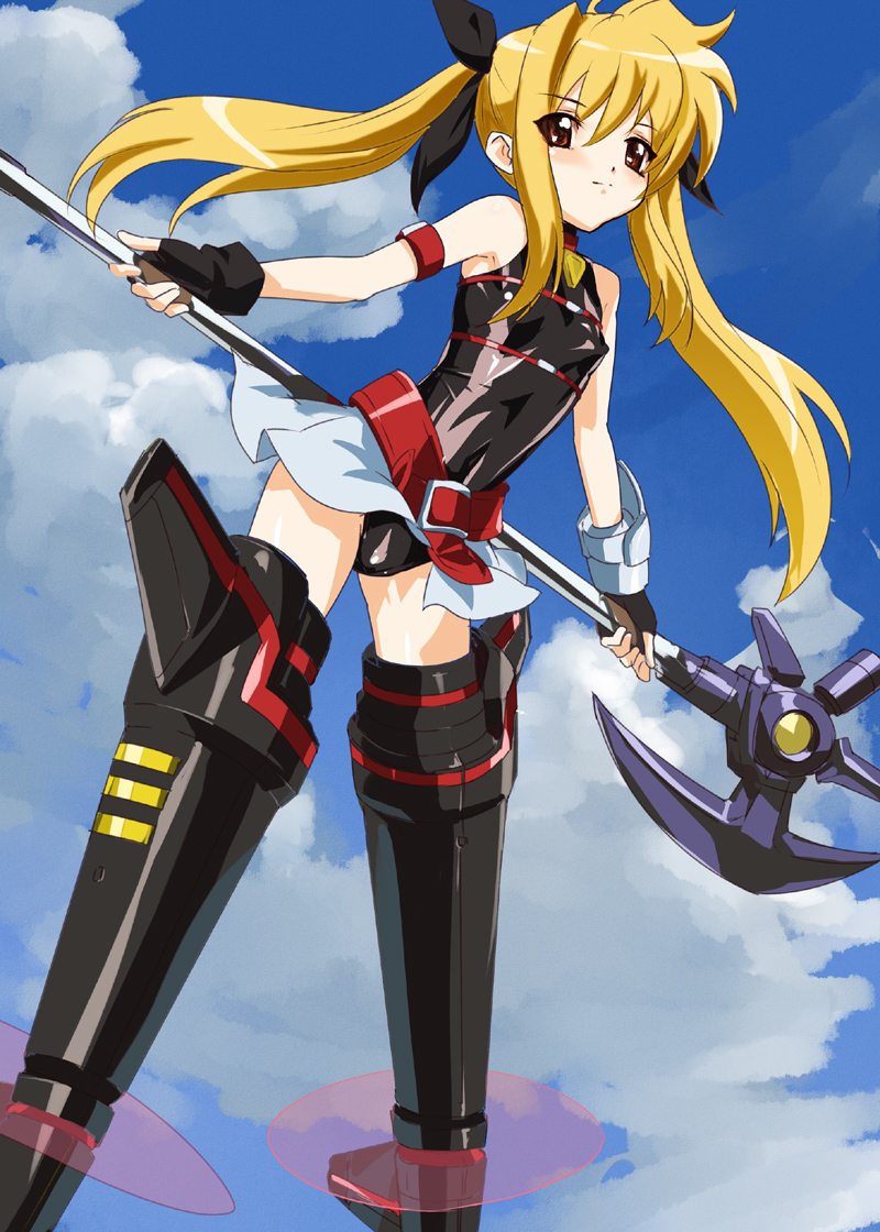 makacoon, bardiche (nanoha), fate testarossa, lyrical nanoha, mahou shoujo lyrical nanoha, mahou shoujo lyrical nanoha the movie 1st, strike witches, world witches series, 1girl, blonde hair, female focus, holding behind back, holding weapon behind back, parody, red eyes, solo, striker unit