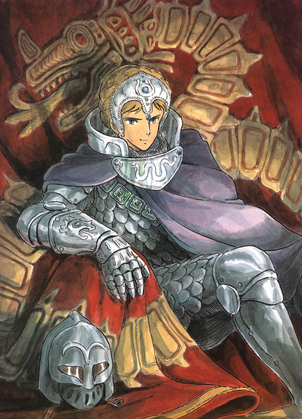 miyazaki hayao, kushana, kaze no tani no nausicaa, studio ghibli, 1980s (style), highres, official art, armor, braid, chainmail, crown braid, gorget, helmet, oldschool, retro artstyle, scale armor, sitting, solo, unworn headwear, unworn helmet