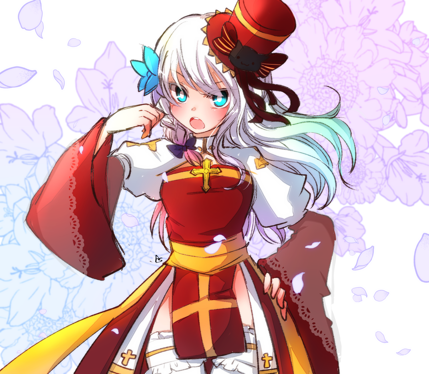 asuta (kinakomoti300), arch bishop (ragnarok online), ragnarok online, commentary request, highres, 1girl, blue eyes, blue flower, blush, bow, braid, breasts, cleavage cutout, clothing cutout, cowboy shot, cross, dress, floral background, flower, frilled thighhighs, frills, hair bow, hair flower, hair ornament, hat, juliet sleeves, long hair, long sleeves, looking at viewer, medium breasts, open mouth, puffy sleeves, purple bow, purple flower, red dress, red hat, sash, side braid, single braid, solo, thighhighs, top hat, two-tone dress, white background, white dress, white hair, white thighhighs, yellow sash
