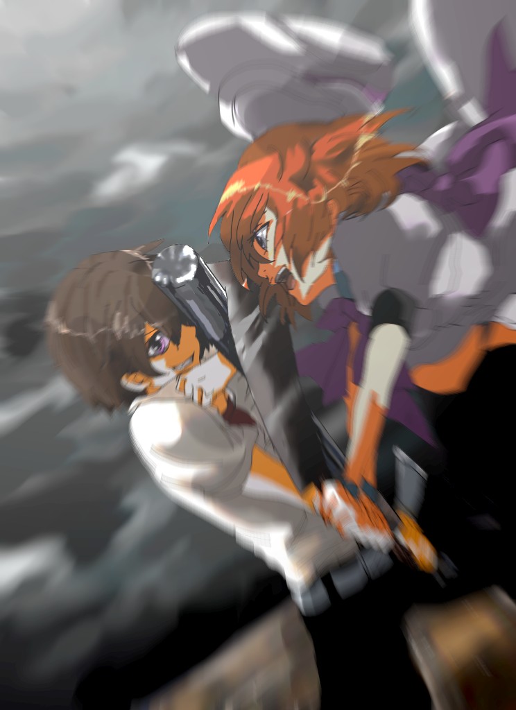 maroyan, maebara keiichi, ryuuguu rena, higurashi no naku koro ni, tsumihoroboshi-hen, bad id, bad pixiv id, 00s, 1boy, 1girl, :d, baseball bat, battle, belt, billhook, blue eyes, brown hair, cloud, cloudy sky, dress, dress shirt, dutch angle, grin, hashitsuki nata, hat, hatchet, motion blur, nata (tool), open mouth, orange hair, pants, purple eyes, shirt, short hair, short sleeves, sky, smile, thighhighs, unworn hat, unworn headwear, wristband