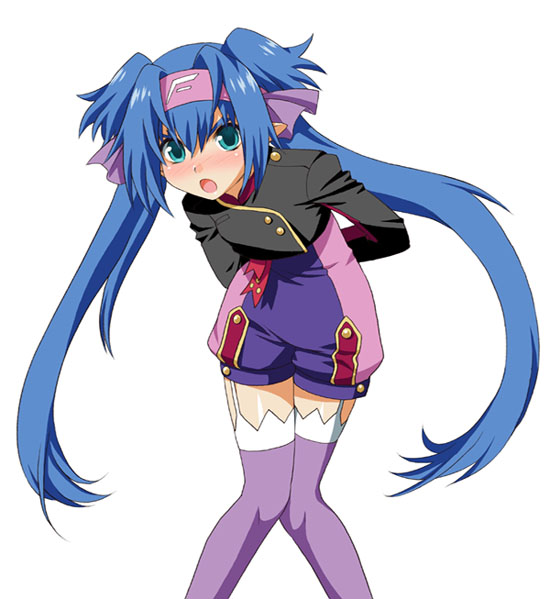 mattaku mousuke, klan klein, macross, macross frontier, 00s, blue eyes, blue hair, blush, headband, long hair, pointy ears, solo, thighhighs, twintails