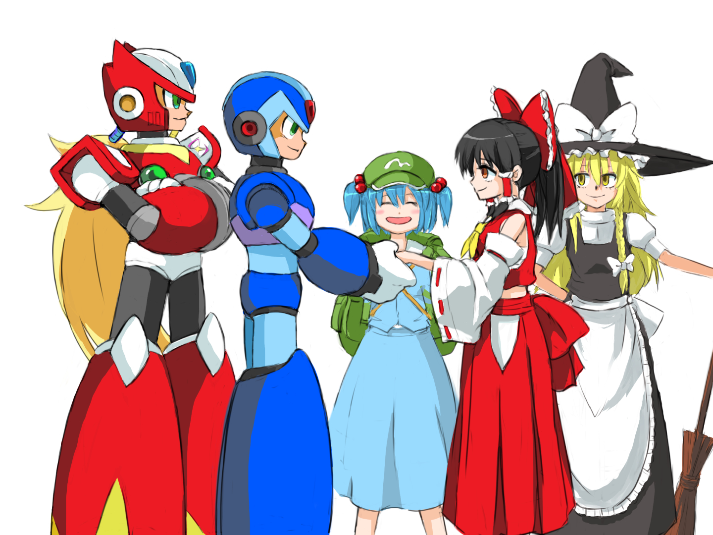 mighty suteroh, hakurei reimu, kawashiro nitori, kirisame marisa, x (mega man), zero (mega man), mega man (series), mega man x (series), touhou, 2boys, 3girls, android, apron, armor, ascot, back bow, backpack, bag, black hair, blonde hair, blue armor, blue hair, blue helmet, blue shirt, blush, bow, braid, breasts, broom, brown eyes, chest jewel, chest sarashi, closed eyes, crop top, crossed arms, crossover, detached sleeves, double-parted bangs, energy sword, flat cap, forehead jewel, frilled hair tubes, frills, gloves, green bag, green eyes, green hat, hair bobbles, hair bow, hair ornament, hair tubes, handshake, hat, hat bow, helmet, holding, holding staff, japanese clothes, jewelry, key, long hair, looking at another, midriff, miko, mini-hakkero, multiple boys, multiple girls, navel, nontraditional miko, open mouth, ponytail, puffy short sleeves, puffy sleeves, red armor, red bow, red helmet, ribbon, robot, robot ears, sarashi, shirt, short hair, short sleeves, shoulder armor, side braid, sideboob, simple background, single braid, smile, staff, sword, sword on back, twintails, upper body, very long hair, waist apron, weapon, weapon on back, white background, white bow, white gloves, white sleeves, wide sleeves, witch, witch hat, wrench, yellow ascot, yellow eyes, z saber