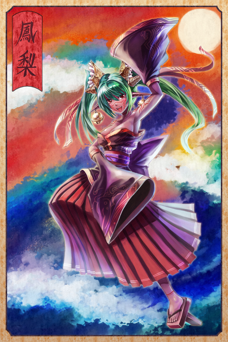 edobox, original, highres, 1girl, armpits, bell, breasts, cleavage, earrings, female focus, geta, green hair, jewelry, large breasts, long hair, pointy ears, red eyes, solo, tengu-geta, twintails