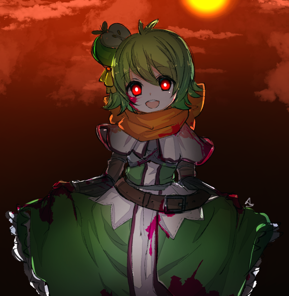 asuta (kinakomoti300), swordsman (ragnarok online), ragnarok online, commentary request, 1girl, alternate color, apple, belt, blood, blood on clothes, blood on face, blush, brown belt, brown gloves, capelet, chest guard, cloud, cowboy shot, curtsey, dress, food, fruit, gloves, glowing, glowing eyes, green apple, green dress, green hair, looking at viewer, open mouth, orange scarf, outdoors, red eyes, red sky, scarf, short hair, sky, smile, solo, sun, white capelet