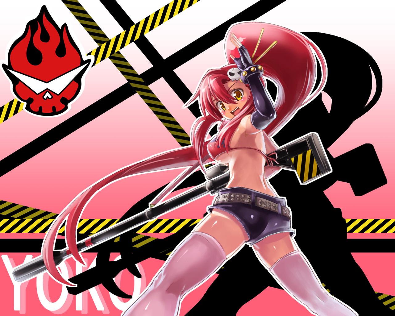 edobox, yoko littner, tengen toppa gurren lagann, 00s, 1girl, back, bikini, bikini top only, breasts, elbow gloves, female focus, fingerless gloves, gloves, gun, large breasts, long hair, ponytail, red hair, scarf, short shorts, shorts, solo, swimsuit, thighhighs, underboob, weapon, yellow eyes