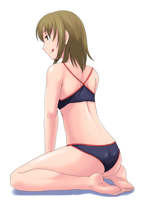 toshifumi, satou sei, maria-sama ga miteru, 00s, 1girl, :q, back, barefoot, bikini, black bikini, brown hair, feet, female focus, short hair, sitting, soles, solo, swimsuit, toes, tongue, tongue out, wariza