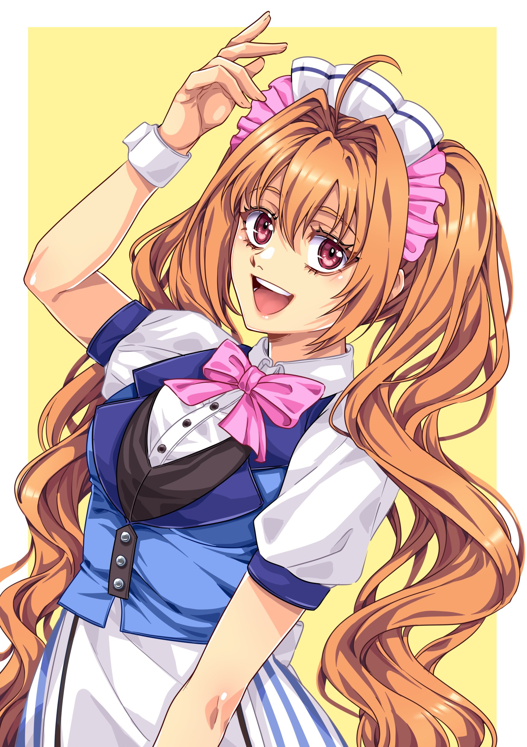 yuzukiyo, estelle bright, eiyuu densetsu, sora no kiseki, absurdres, commentary, english commentary, highres, 1girl, ahoge, antenna hair, border, bow, bowtie, brown hair, cropped jacket, double-parted bangs, hair between eyes, hair intakes, headdress, long hair, looking at viewer, open mouth, pink bow, pink bowtie, puffy short sleeves, puffy sleeves, red eyes, short sleeves, simple background, smile, solo, traditional bowtie, twintails, two-tone background, upper body, very long hair, waitress, wavy hair, white border, white wrist cuffs, wrist cuffs, yellow background