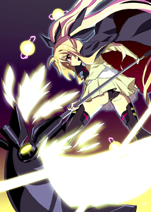 okiura, bardiche (nanoha), bardiche (scythe form) (nanoha), fate testarossa, fate testarossa (movie 1st form), lyrical nanoha, mahou shoujo lyrical nanoha, 00s, 1girl, black panties, black thighhighs, blonde hair, cape, electricity, female focus, floating hair, from side, glowing, hair ribbon, long hair, magic, magical girl, panties, profile, red eyes, ribbon, solo, thighhighs, twintails, underwear, very long hair