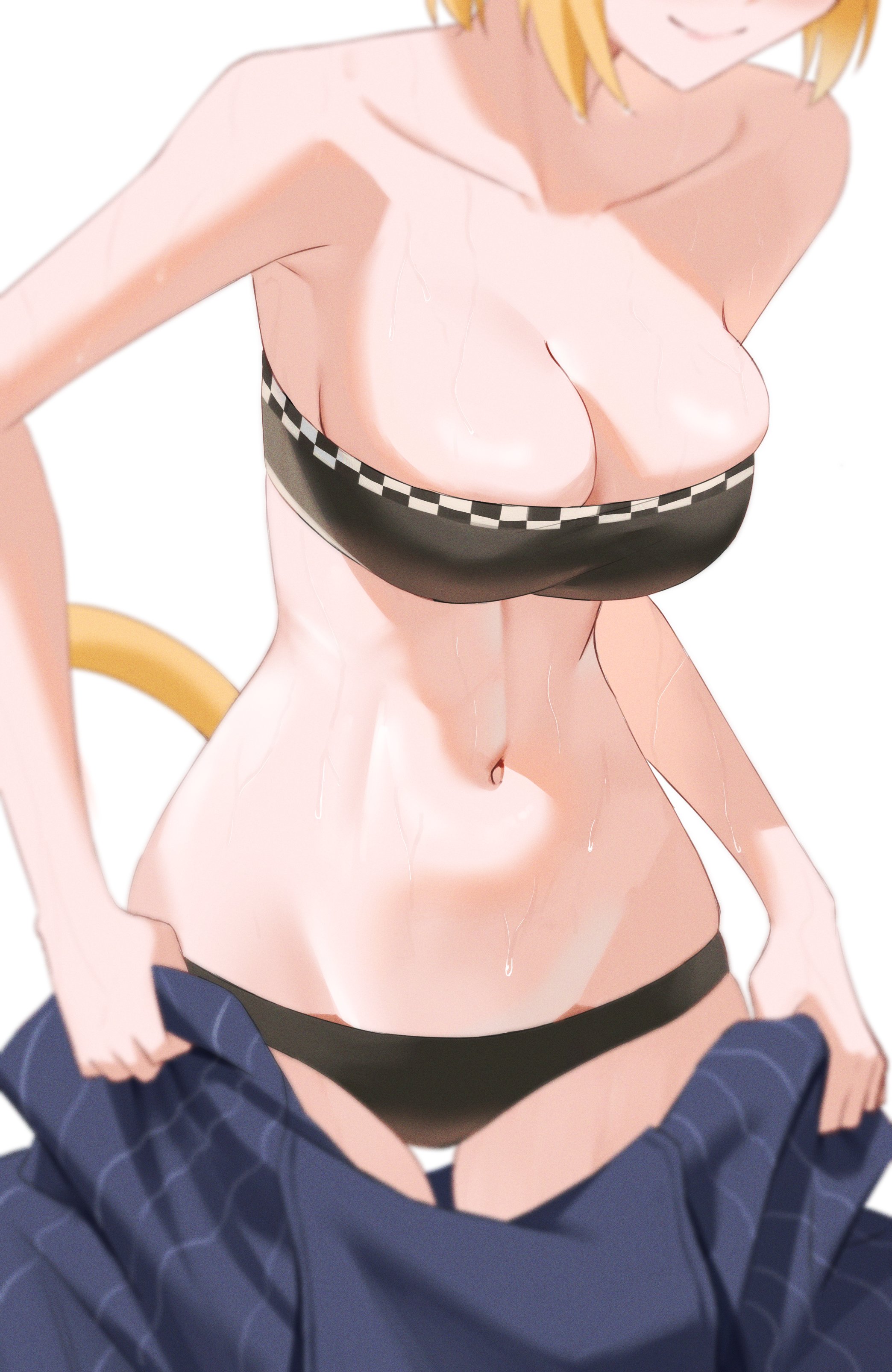 yubbiidraw, dooby, indie virtual youtuber, absurdres, commentary, english commentary, highres, 1girl, black panties, black tube top, blonde hair, breasts, cleavage, closed mouth, head out of frame, jerboa tail, large breasts, navel, panties, simple background, smile, solo, strapless, sweat, tube top, underwear, undressing, virtual youtuber, white background