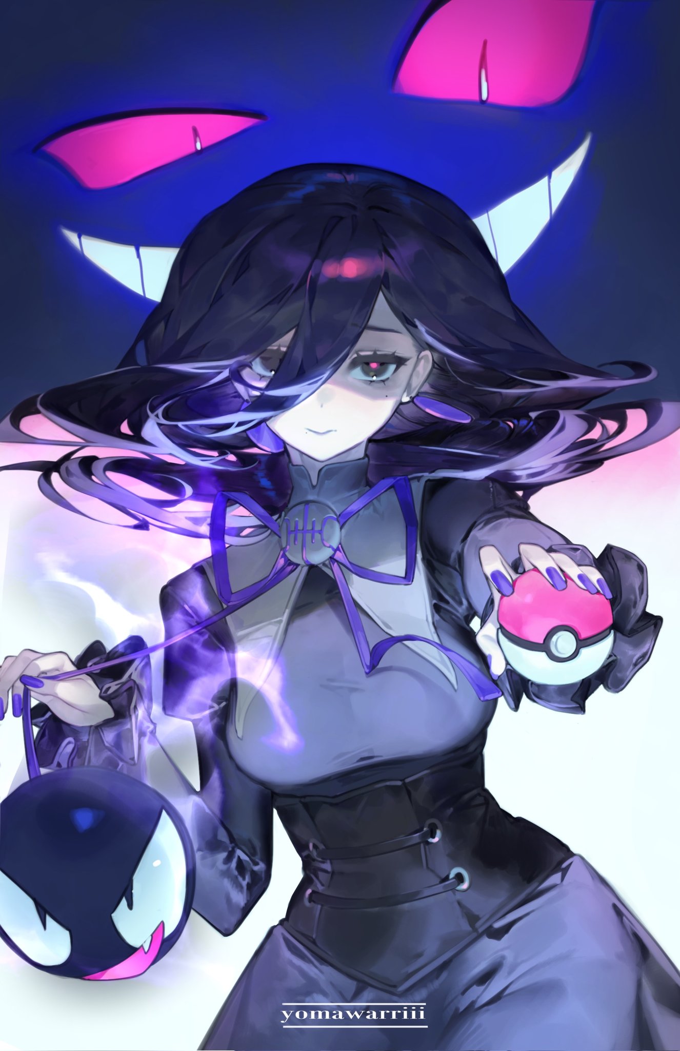 nicoillu, gastly, gengar, hex maniac (pokemon legends: z-a), nintendo, pokemon, pokemon legends: z-a, highres, 1girl, @ @, bags under eyes, black corset, black hair, corset, dress, earrings, gen 1 pokemon, ghost, hair between eyes, jewelry, juliet sleeves, large earrings, long hair, long sleeves, neck ribbon, pokemon (creature), puffy sleeves, purple dress, purple ribbon, ribbon, sphere earrings