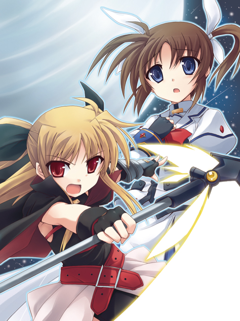 kusakami akira, bardiche (haken form) (nanoha), bardiche (nanoha), fate testarossa, fate testarossa (lightning form), takamachi nanoha, takamachi nanoha (sacred mode), lyrical nanoha, mahou shoujo lyrical nanoha, mahou shoujo lyrical nanoha a's, 00s, 2girls, belt, blonde hair, blue eyes, brown hair, buckle, cape, fingerless gloves, floating hair, full moon, gloves, hair ribbon, long hair, looking at viewer, moon, multiple girls, night, puffy sleeves, red eyes, ribbon, serious, sky, staff, star (sky), starry sky, twintails, very long hair, worried