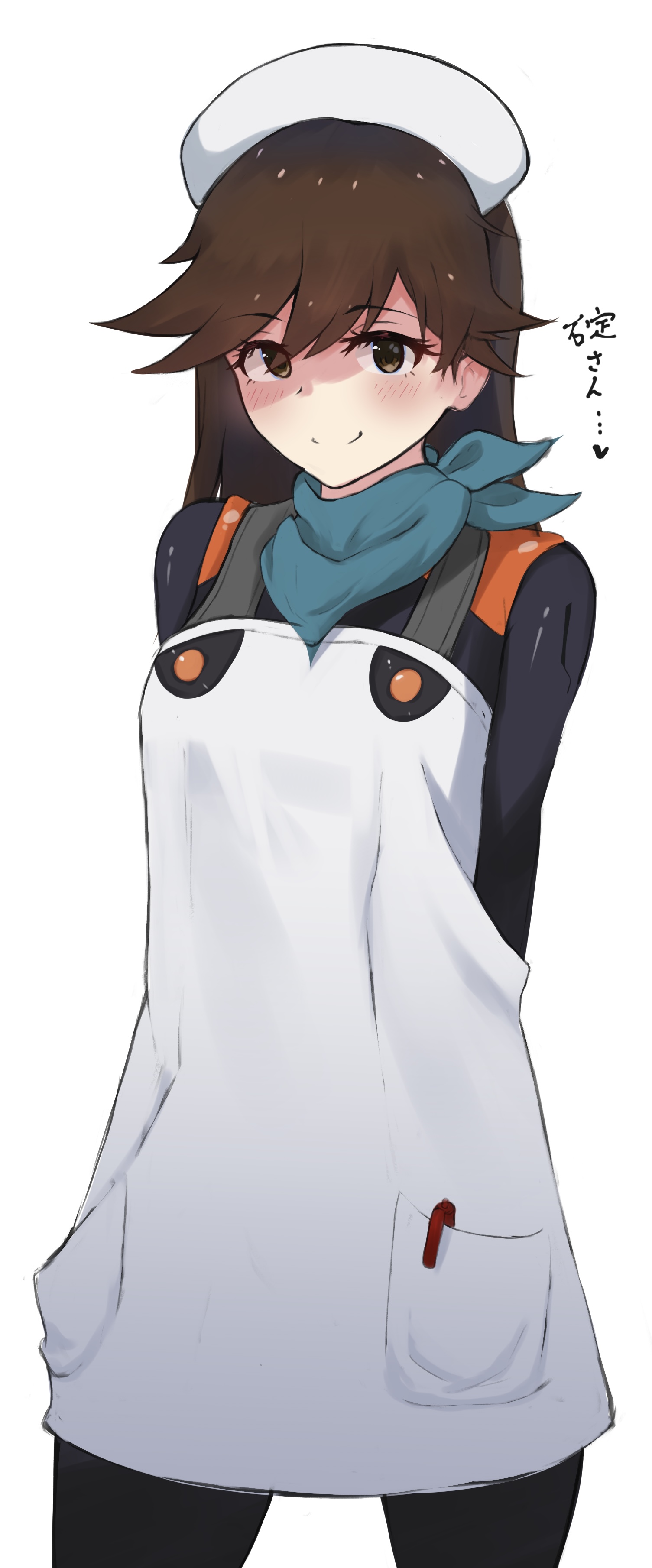pirumu, suzuhara sakura, evangelion: 3.0+1.0 thrice upon a time, evangelion: 3.0 you can (not) redo, neon genesis evangelion, rebuild of evangelion, absurdres, commission, highres, pixiv commission, translation request, 1girl, apron, arms behind back, black bodysuit, blue scarf, blush, bodysuit, bodysuit under clothes, brown eyes, brown hair, evangelion (mecha), headdress, looking at viewer, mecha pilot suit, pen, plugsuit (evangelion), scarf, shaded face, smile, white apron, white headdress