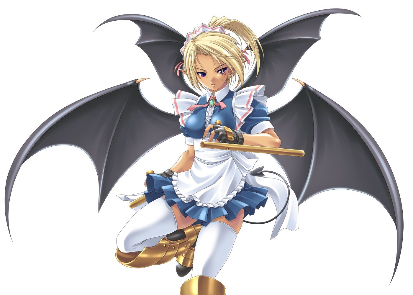 kuroneko sakon, studio tiara, original, bat wings, blonde hair, dark-skinned female, dark skin, demon girl, fingerless gloves, gloves, long hair, maid, pointy ears, ponytail, purple eyes, solo, tail, thighhighs, tonfa, weapon, wings