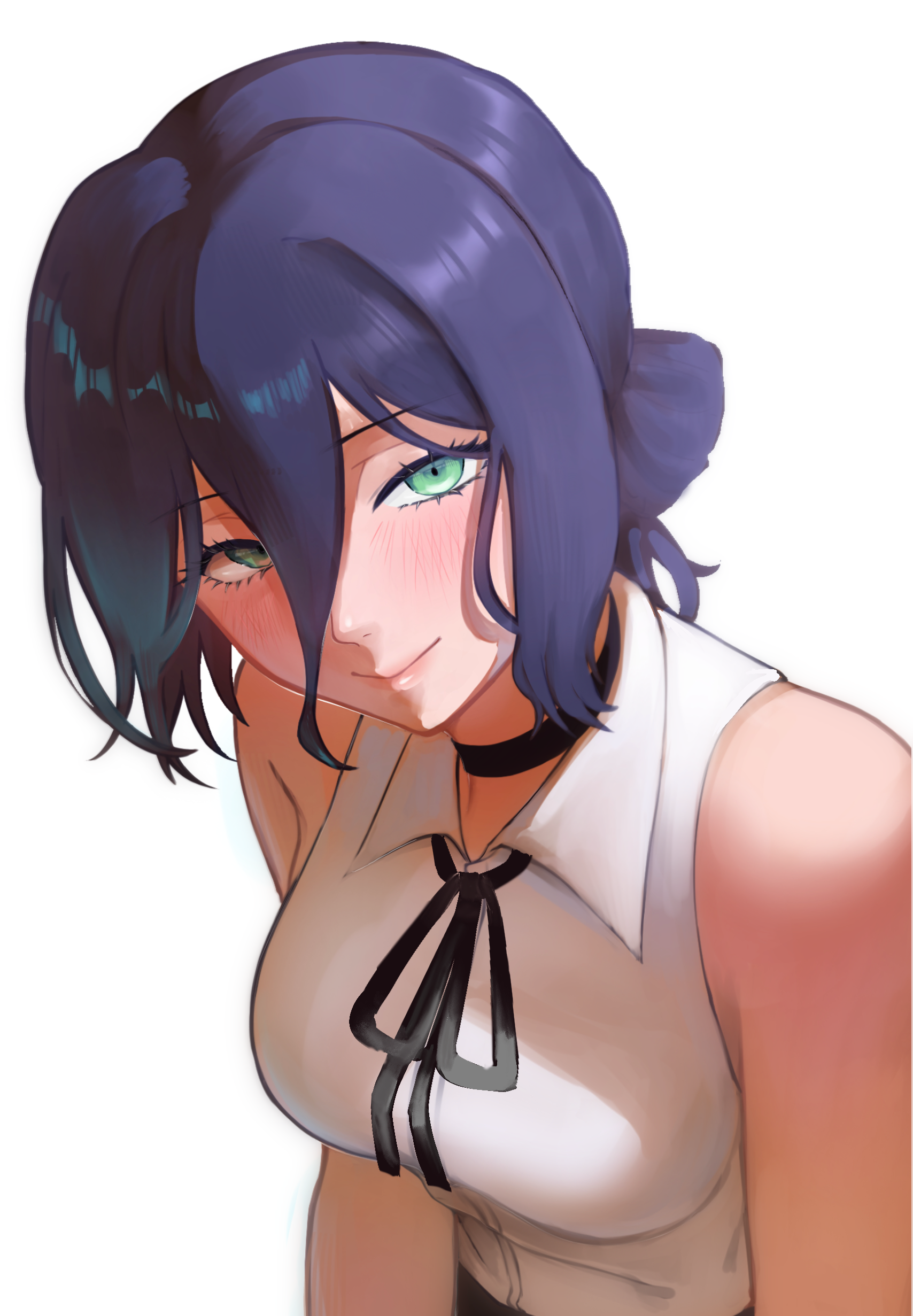 reze (chainsaw man), chainsaw man, absurdres, highres, 1girl, amedama1, black choker, black ribbon, blue hair, breasts, choker, closed mouth, collared shirt, green eyes, hair bun, light blush, looking at viewer, medium breasts, ribbon, shirt, simple background, sleeveless, sleeveless shirt, smile, solo, white background, white shirt