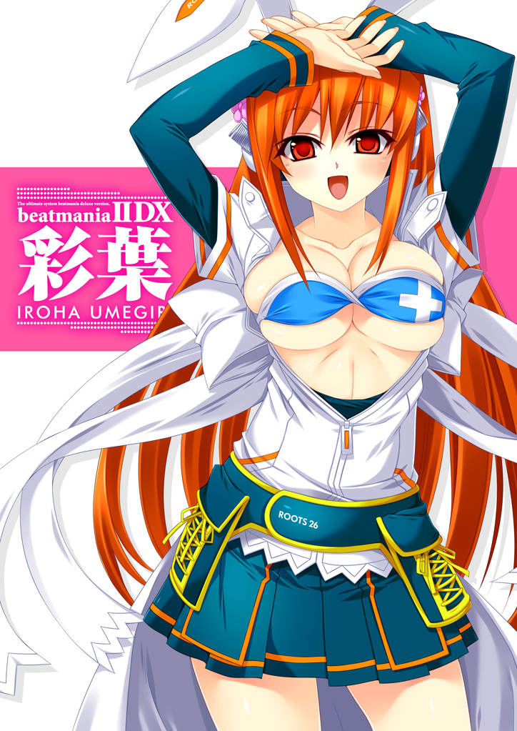 kinoshita ichi, umegiri iroha, umegiri iroha (candy bunny), beatmania iidx, bemani, 1girl, :d, animal ears, arms up, blush, breasts, bursting breasts, character name, cleavage, collarbone, fake animal ears, female focus, headphones, large breasts, long hair, long sleeves, looking at viewer, open clothes, open mouth, open shirt, orange hair, pleated skirt, rabbit ears, red eyes, shirt, skirt, smile, solo, standing, thigh gap, zipper