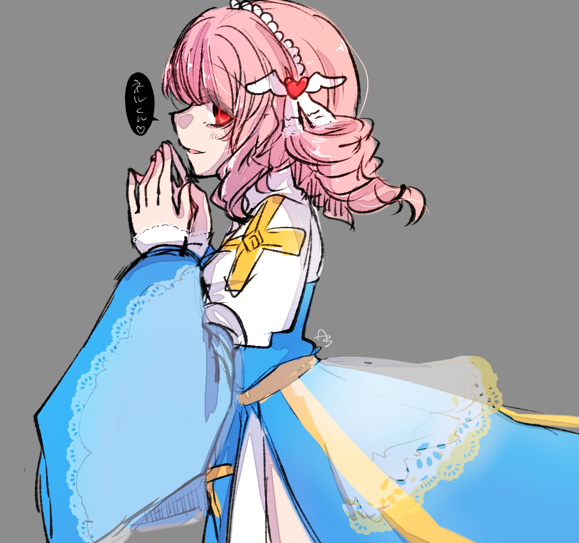 asuta (kinakomoti300), arch bishop (ragnarok online), ragnarok online, commentary request, translation request, 1girl, blue dress, blush, cowboy shot, cross, dress, drill hair, grey background, hair ornament, heart, heart hair ornament, juliet sleeves, long sleeves, looking at viewer, looking to the side, medium hair, open mouth, pink hair, profile, puffy sleeves, red eyes, sash, simple background, solo, steepled fingers, twin drills, two-tone dress, white dress, yellow sash