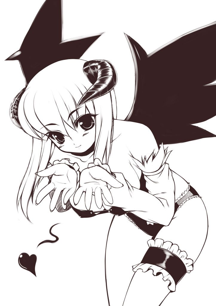 kinoshita ichi, succubus (ragnarok online), ragnarok online, 1girl, bare shoulders, bent over, blush, breasts, collarbone, cupping hands, demon girl, demon wings, detached sleeves, female focus, fingernails, frilled thigh strap, greyscale, heart, horns, long hair, looking at viewer, monochrome, open hands, own hands together, panties, solo, standing, thigh strap, underwear, wings