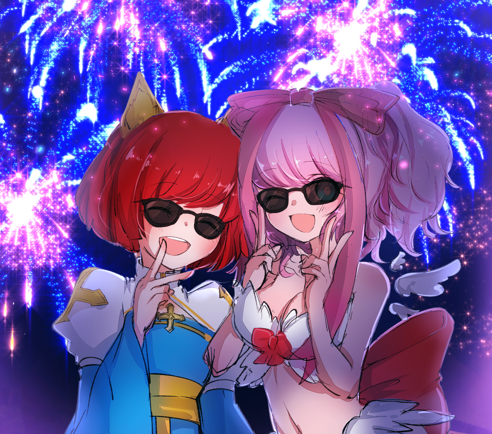 asuta (kinakomoti300), arch bishop (ragnarok online), wanderer (ragnarok online), ragnarok online, commentary request, highres, 2girls, aerial fireworks, animal ears, back bow, bikini, black-framed eyewear, blue dress, blush, bow, breasts, cleavage, cleavage cutout, clothing cutout, cross, double v, dress, feather trim, fireworks, flat chest, fox ears, fox girl, hair bow, juliet sleeves, large bow, long sleeves, looking at viewer, medium breasts, medium hair, multiple girls, open mouth, pink bow, pink hair, puffy sleeves, red bow, red hair, sash, short hair, smile, sunglasses, swimsuit, two-tone dress, upper body, v, white bikini, white dress, yellow sash