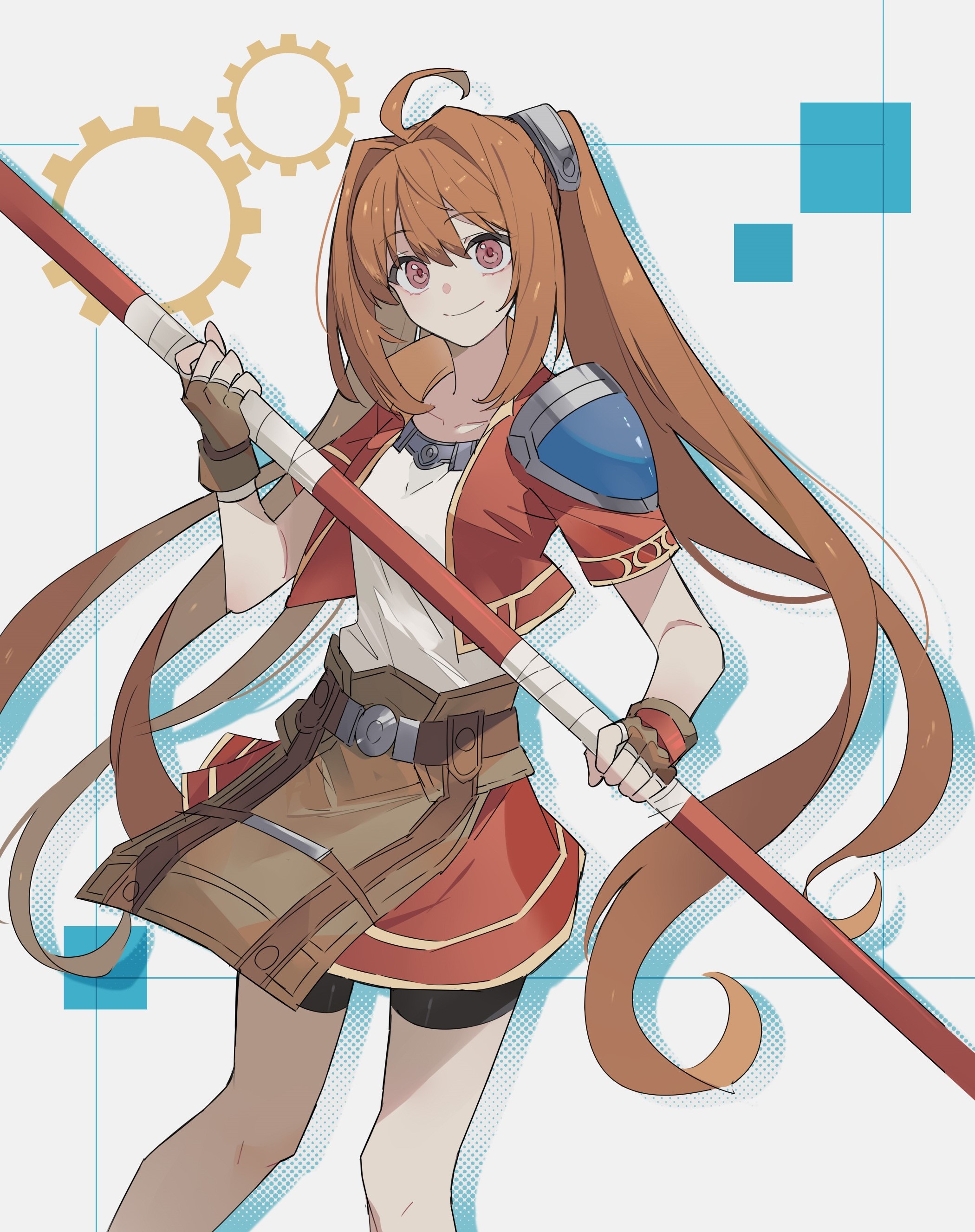 george man, estelle bright, eiyuu densetsu, sora no kiseki, absurdres, highres, ahoge, antenna hair, armor, bike shorts, bike shorts under skirt, bo staff, breasts, brown gloves, brown hair, cropped jacket, double-parted bangs, fingerless gloves, floating hair, gears, gloves, green outline, hair between eyes, hair intakes, holding, holding staff, holding weapon, long hair, looking at viewer, outline, pauldrons, red eyes, short sleeves, shorts, shorts under skirt, shoulder armor, simple background, single pauldron, skirt, small breasts, smile, staff, twintails, upper body, very long hair, weapon, white background
