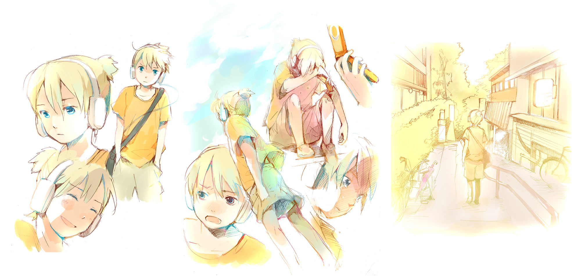 wakana (nagomoo), kagamine len, vocaloid, bad id, bad pixiv id, highres, 1boy, blonde hair, blue eyes, cellphone, fire flower, male focus, phone, sketch, tears