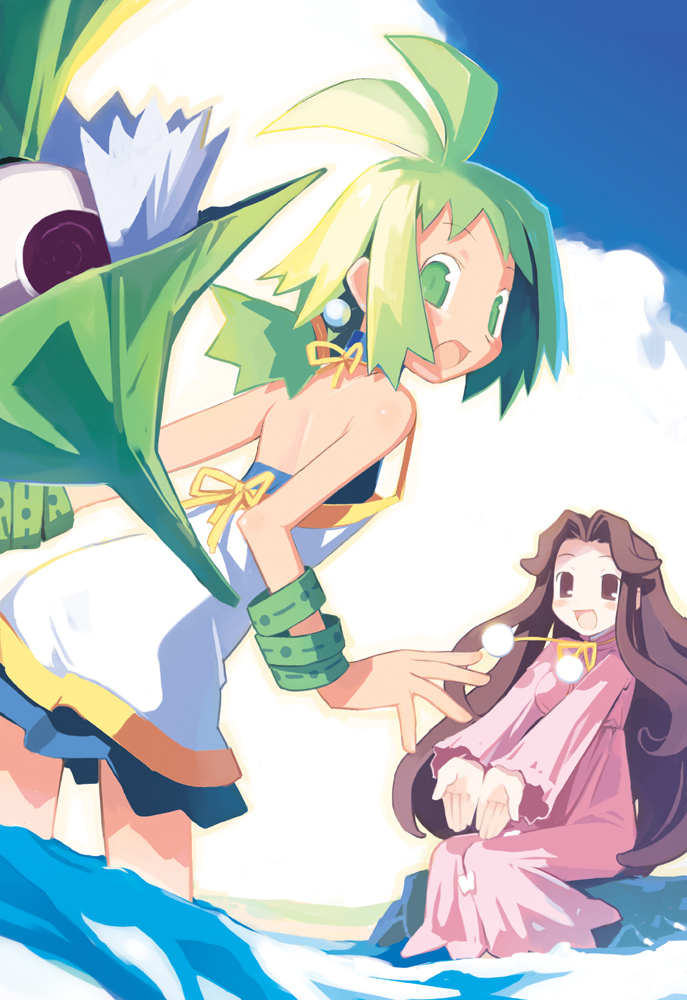 harada takehito, castille, castille (phantom brave), marona (phantom brave), putty, putty (phantom brave), nippon ichi, phantom brave, 2girls, ahoge, back, bracelet, brown hair, cloud, day, dress, green eyes, green hair, halterneck, huge ahoge, jewelry, leaning forward, long hair, looking back, multiple girls, outstretched arms, river, short hair, sitting, sky, smile, soaking feet, very long hair