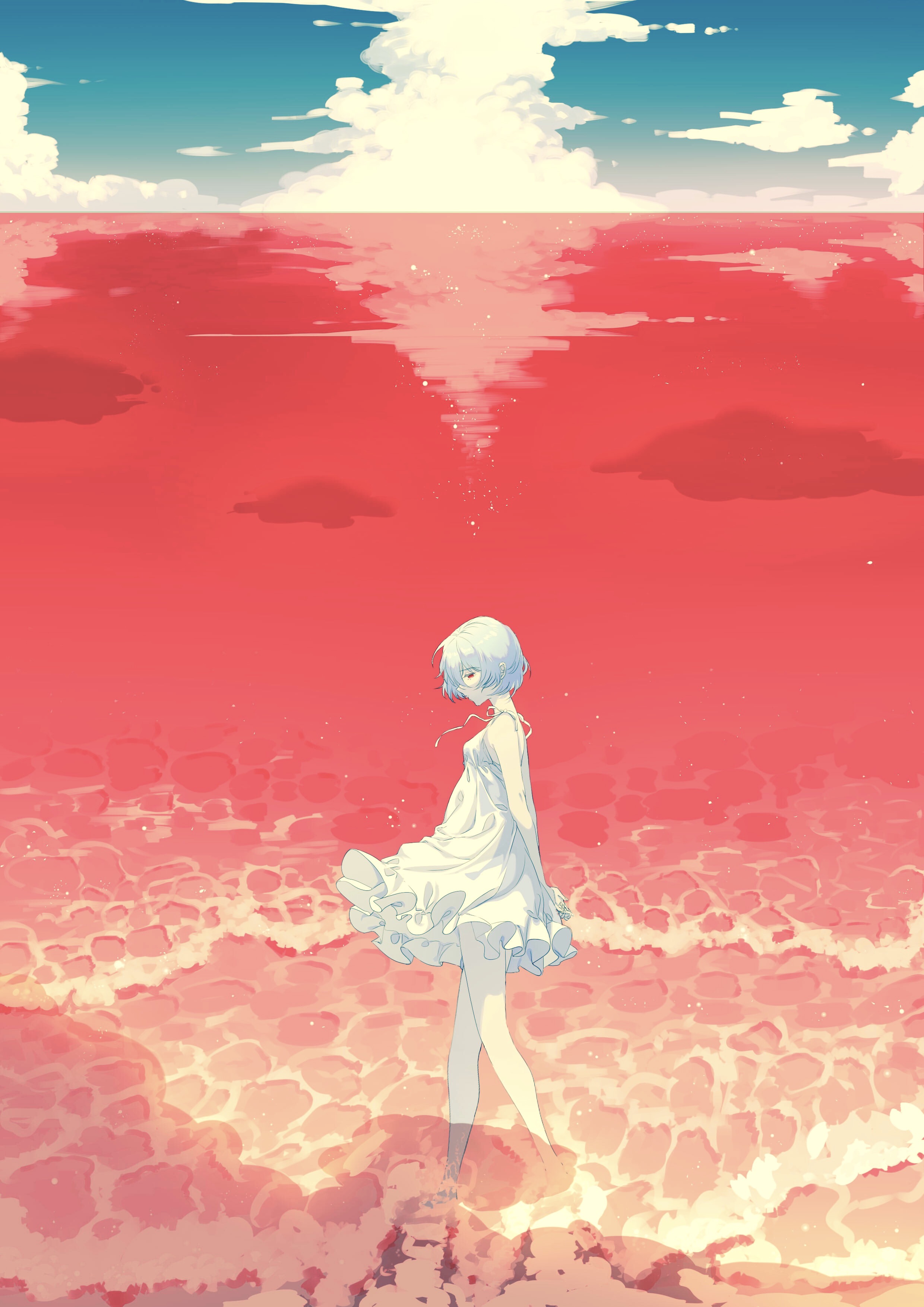 senkyou, ayanami rei, neon genesis evangelion, absurdres, highres, 1girl, arms behind back, beach, blue hair, blue sky, colored skin, dress, frilled dress, frills, lcl, no legwear, ocean, pale skin, red eyes, red ocean, short hair, sky, wading, walking, waves, white dress, white skin, wind