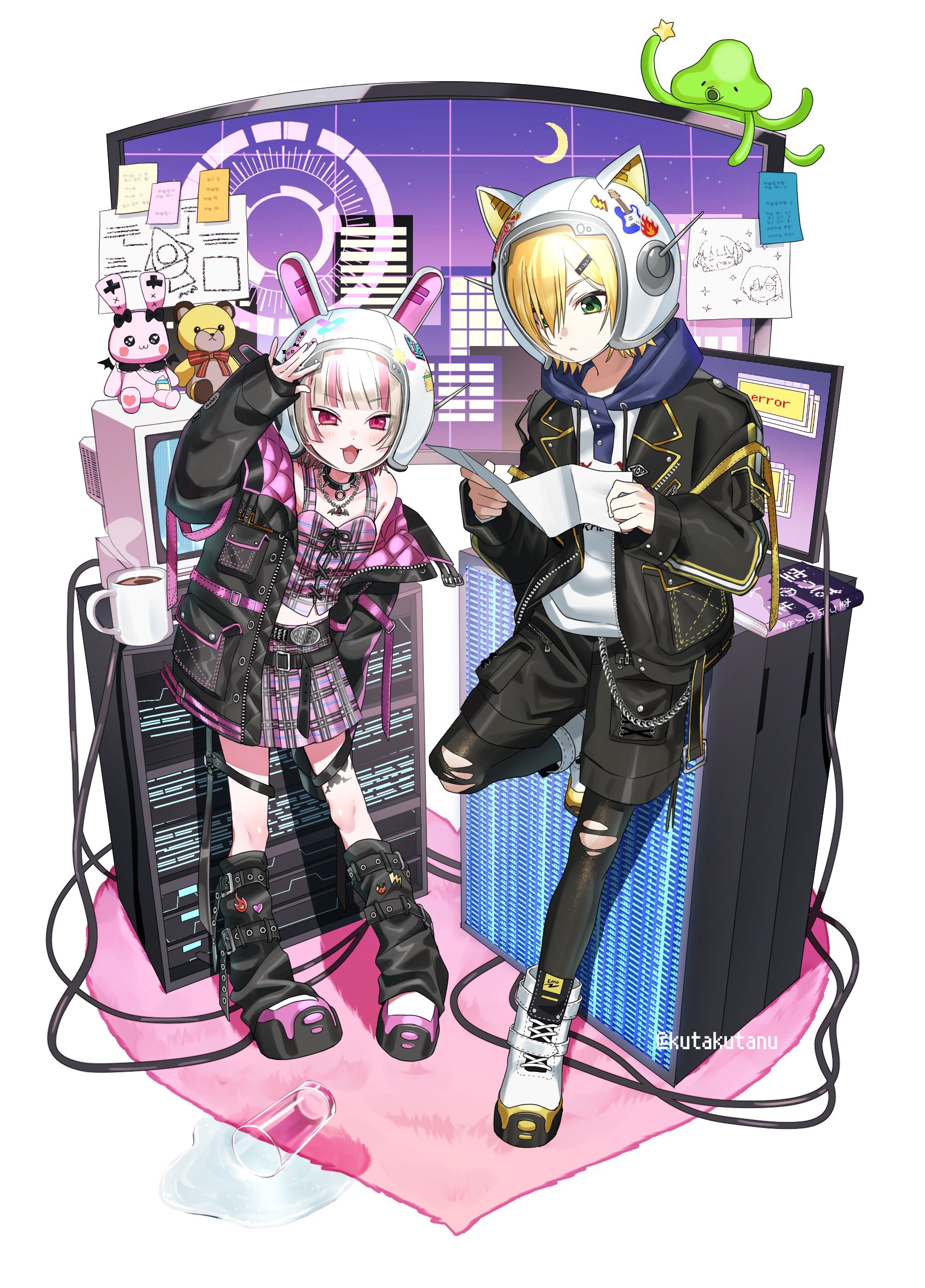 kutakutanu, makaino ririmu, uzuki kou, nijisanji, absurdres, highres, 1boy, 1girl, animal ears helmet, animal helmet, belt, black belt, black jacket, black pantyhose, black shorts, blonde hair, brown hair, carpet, cat helmet, choker, crop top, crt, full body, green eyes, hand up, helmet, holding, holding map, hood, hood down, hoodie, jacket, jewelry, leg warmers, looking at viewer, makaino ririmu (6th costume), map, map (object), multicolored hair, necklace, official alternate costume, open clothes, open jacket, pantyhose, pink eyes, pink skirt, plaid clothes, plaid skirt, pleated skirt, rabbit helmet, short hair, short shorts, shorts, simple background, skirt, smile, standing, standing on one leg, sticky note, streaked hair, torn clothes, torn pantyhose, twitter username, uzuki kou (5th costume), virtual youtuber, white background