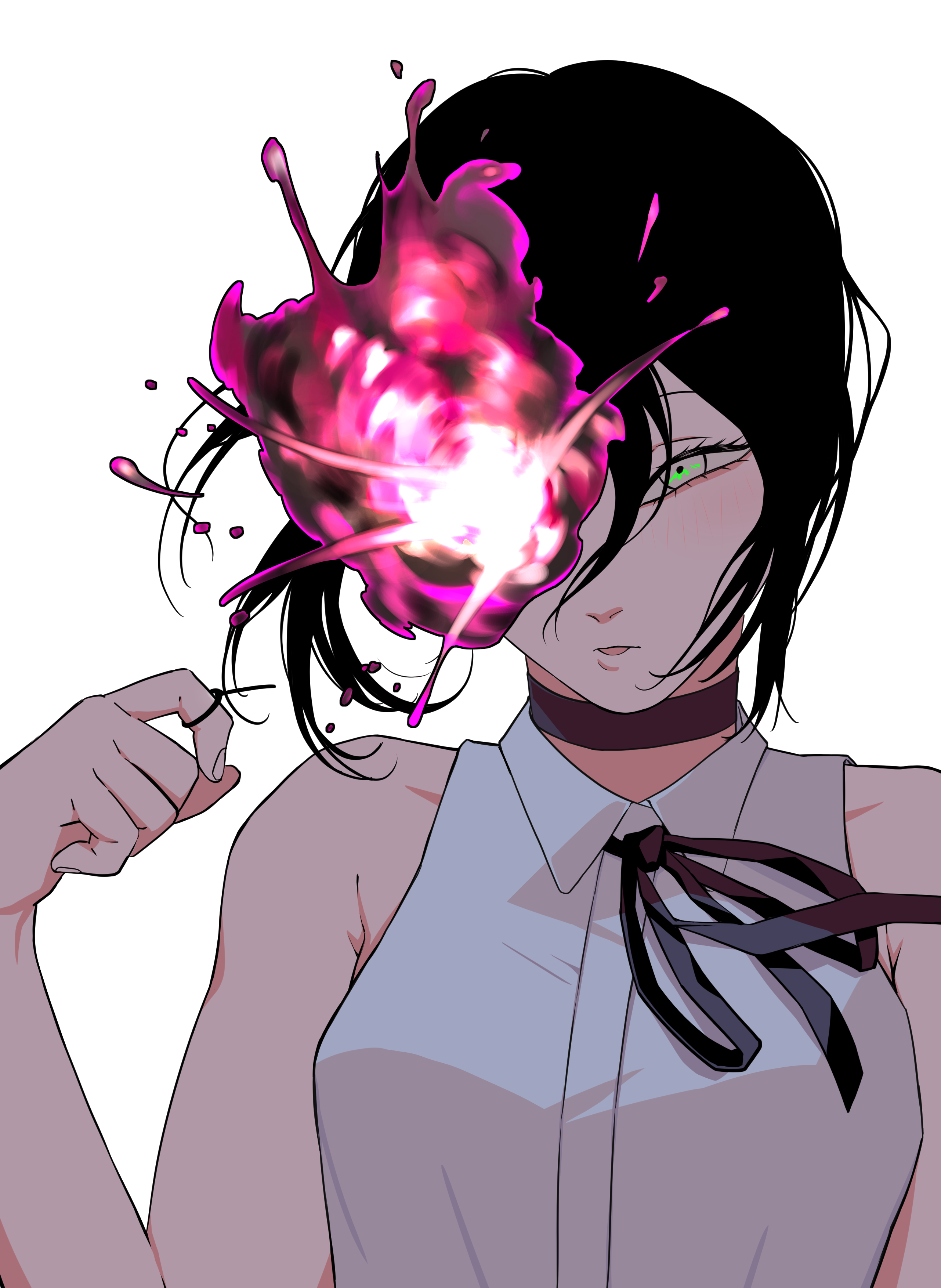 reze (chainsaw man), chainsaw man, absurdres, highres, 1girl, black choker, black hair, black ribbon, breasts, choker, collared shirt, green eyes, grenade pin, imminent explosion, lovepotion 0821, medium breasts, neck ribbon, ribbon, shirt, simple background, sleeveless, sleeveless shirt, solo, white background, white shirt