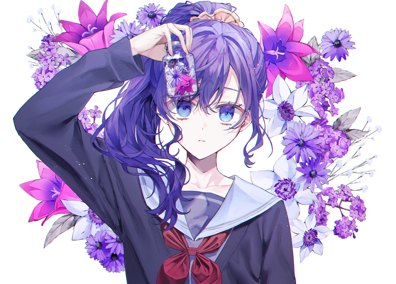 pill (mrdv4444), asahina mafuyu, project sekai, commentary request, 1girl, arm at side, arm up, black cardigan, bottle, cardigan, chromatic aberration, closed mouth, collarbone, double-parted bangs, expressionless, fingernails, floral background, flower, grey shirt, hair between eyes, hair ornament, hair over shoulder, hair scrunchie, high ponytail, holding, holding bottle, light particles, long hair, long sleeves, looking at viewer, miyamasuzaka girls' academy school uniform, neckerchief, open cardigan, open clothes, orange scrunchie, pale skin, pink flower, ponytail, portrait, puffy long sleeves, puffy sleeves, purple eyes, purple flower, purple hair, red neckerchief, sailor collar, school uniform, scrunchie, shirt, sidelocks, simple background, single empty eye, solo, straight-on, wavy hair, white background, white flower, white sailor collar