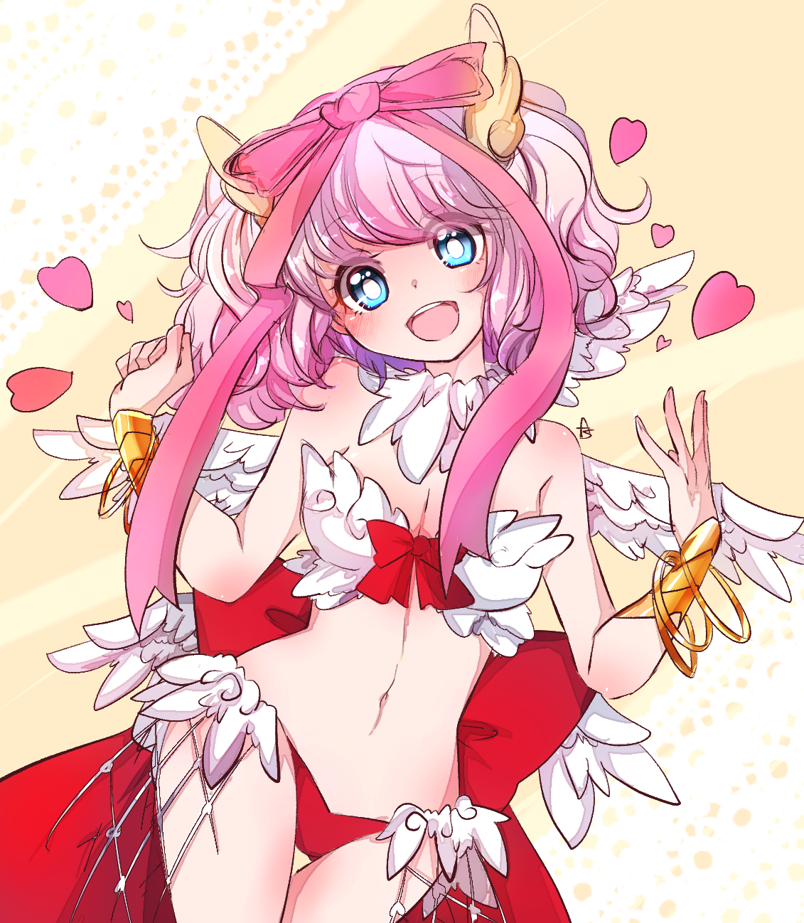 asuta (kinakomoti300), wanderer (ragnarok online), ragnarok online, commentary request, highres, 1girl, back bow, bangle, bikini, blue eyes, blush, bow, bracelet, bracer, breasts, bright pupils, cleavage, cowboy shot, feather trim, feathered wings, hair bow, hands up, heart, jewelry, large bow, looking at viewer, medium breasts, medium hair, mismatched bikini, navel, open mouth, pink bow, pink hair, red bikini, red bow, smile, solo, swimsuit, white bikini, white pupils, white wings, wings, yellow background