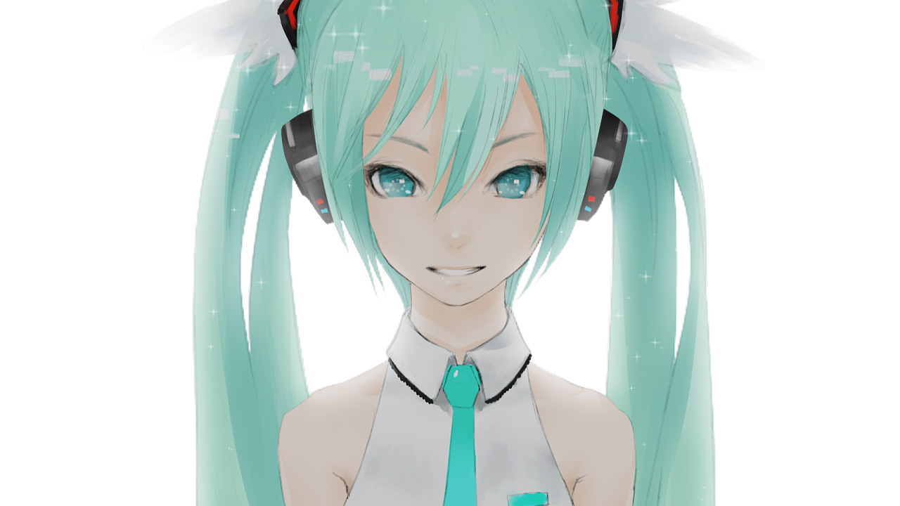 redjuice, hatsune miku, last night good night (vocaloid), vocaloid, 1girl, adapted costume, aqua necktie, blue eyes, blue hair, collared shirt, female focus, hair between eyes, headphones, long hair, matching hair/eyes, necktie, portrait, shirt, simple background, smile, solo, sparkle, twintails, white background