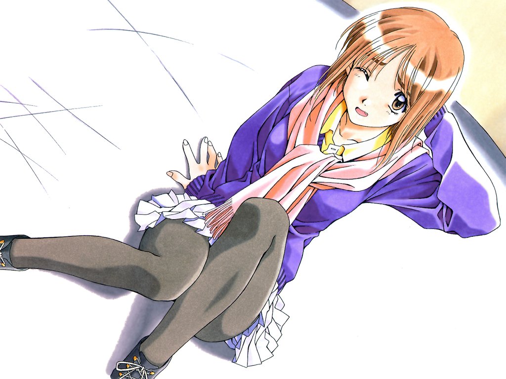 kai tomohisa, yamamoto rurika, sentimental graffiti, 1990s (style), 1girl, brown eyes, brown hair, female focus, long hair, one eye closed, pantyhose, retro artstyle, scarf, skating, skirt, solo, wink