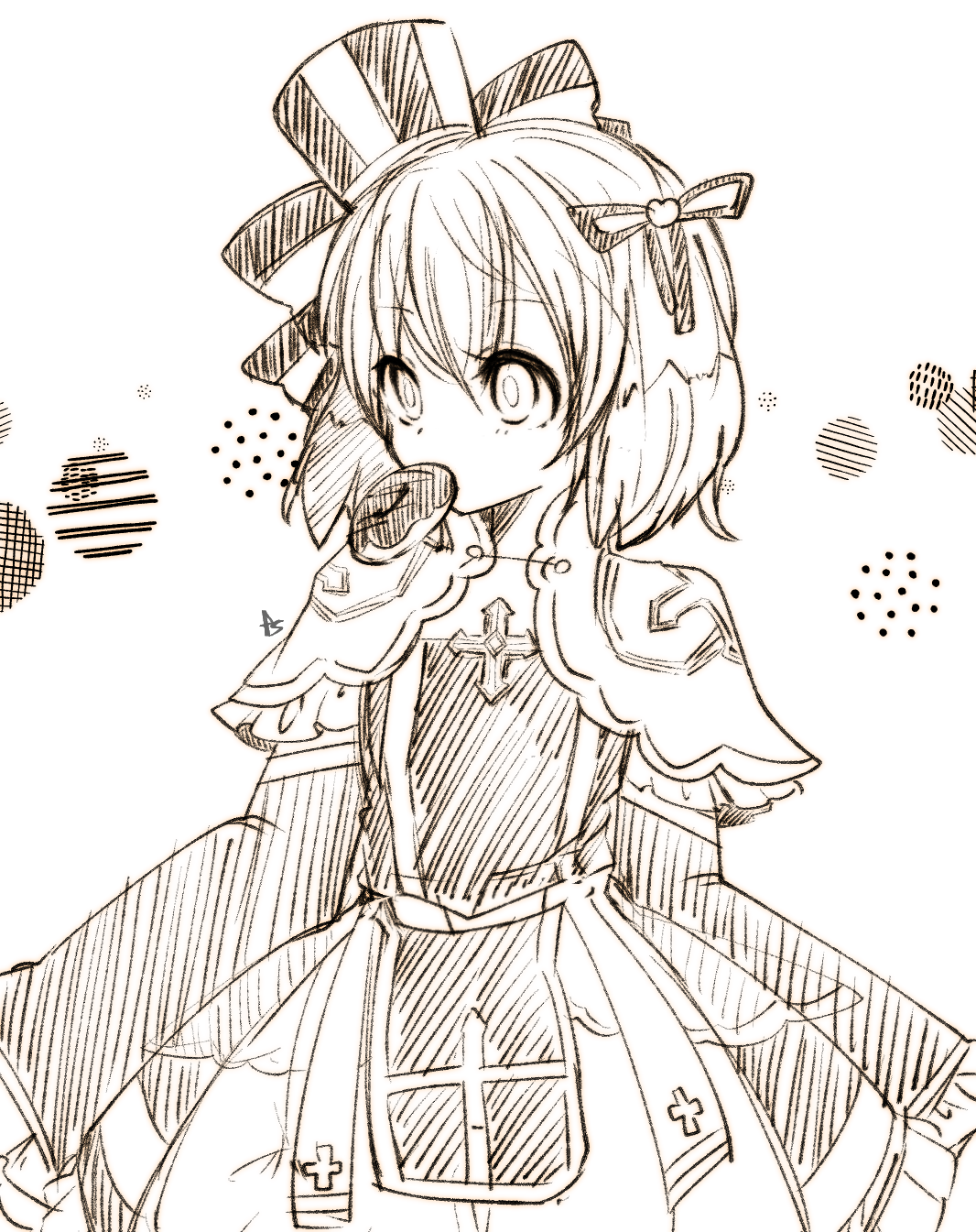 asuta (kinakomoti300), arch bishop (ragnarok online), ragnarok online, commentary request, highres, 1girl, bow, cowboy shot, cross, donut, dress, flat chest, food, food in mouth, frilled dress, frilled sleeves, frills, greyscale, hair ribbon, hat, hat bow, looking afar, monochrome, official alternate costume, ribbon, short hair, sketch, solo, top hat