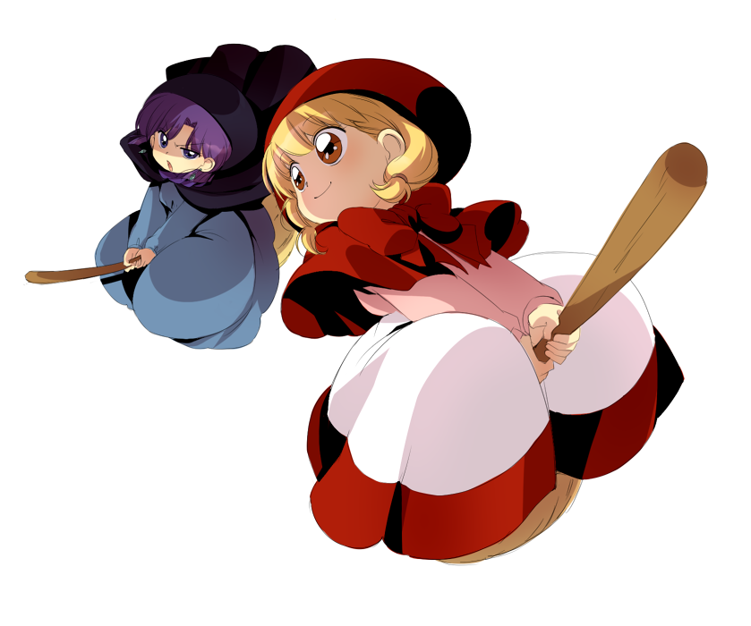 kinako (moment), kinako (moment1127), chacha, chacha (akazukin chacha), yakko, yakko (akazukin chacha), akazukin chacha, 1990s (style), 2girls, blonde hair, blue eyes, broom, broom riding, brown eyes, multiple girls, purple hair