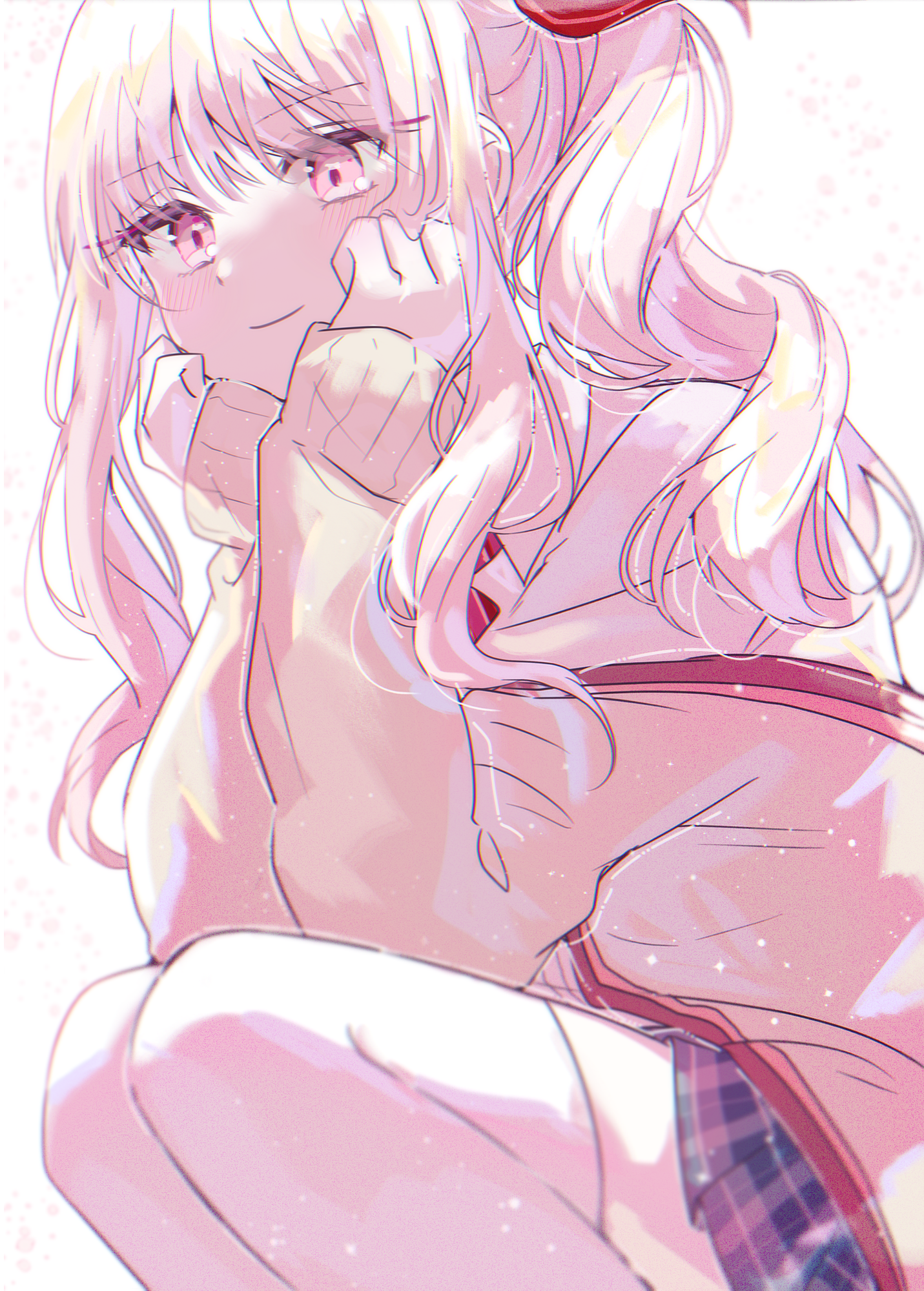 nanapo (ms179911), akiyama mizuki, project sekai, check commentary, commentary request, highres, 1other, bow, bowtie, cardigan, cardigan partially removed, chromatic aberration, closed mouth, collared shirt, colored eyelashes, drill hair, feet out of frame, film grain, from below, hair bow, hair over shoulder, hands on own cheeks, hands on own face, hands up, kamiyama high school uniform (project sekai), light particles, long hair, long sleeves, looking at viewer, other focus, pink eyes, pink hair, puffy long sleeves, puffy sleeves, red bow, red bowtie, school uniform, shirt, side drill, side ponytail, sidelocks, simple background, smile, solo, squatting, thighhighs, white background, white shirt, white thighhighs, yellow cardigan, zettai ryouiki