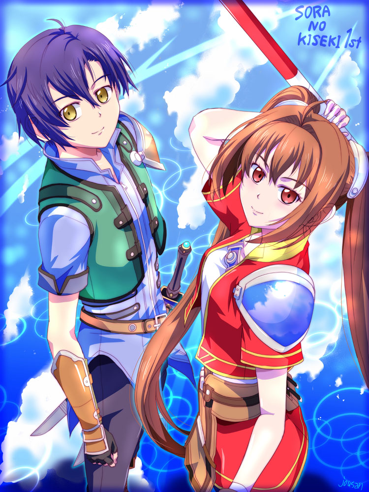 xiacheng tatsuya, estelle bright, joshua bright, eiyuu densetsu, sora no kiseki, 1boy, 1girl, ahoge, antenna hair, arm guards, armor, black gloves, black hair, blue sky, bo staff, brown gloves, brown hair, closed mouth, cloud, cropped jacket, double-parted bangs, english text, fingerless gloves, gloves, hair between eyes, hair intakes, holding, holding staff, holding weapon, long hair, looking at viewer, pauldrons, red eyes, short sleeves, shoulder armor, single pauldron, sky, smile, staff, sword, twintails, very long hair, weapon, yellow eyes
