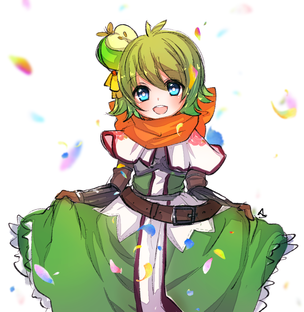 asuta (kinakomoti300), swordsman (ragnarok online), ragnarok online, commentary request, 1girl, alternate color, apple, belt, blue eyes, blush, brown belt, brown gloves, capelet, chest guard, confetti, cowboy shot, curtsey, dress, food, fruit, gloves, green apple, green dress, green hair, looking at viewer, open mouth, orange scarf, scarf, short hair, simple background, smile, solo, white background, white capelet