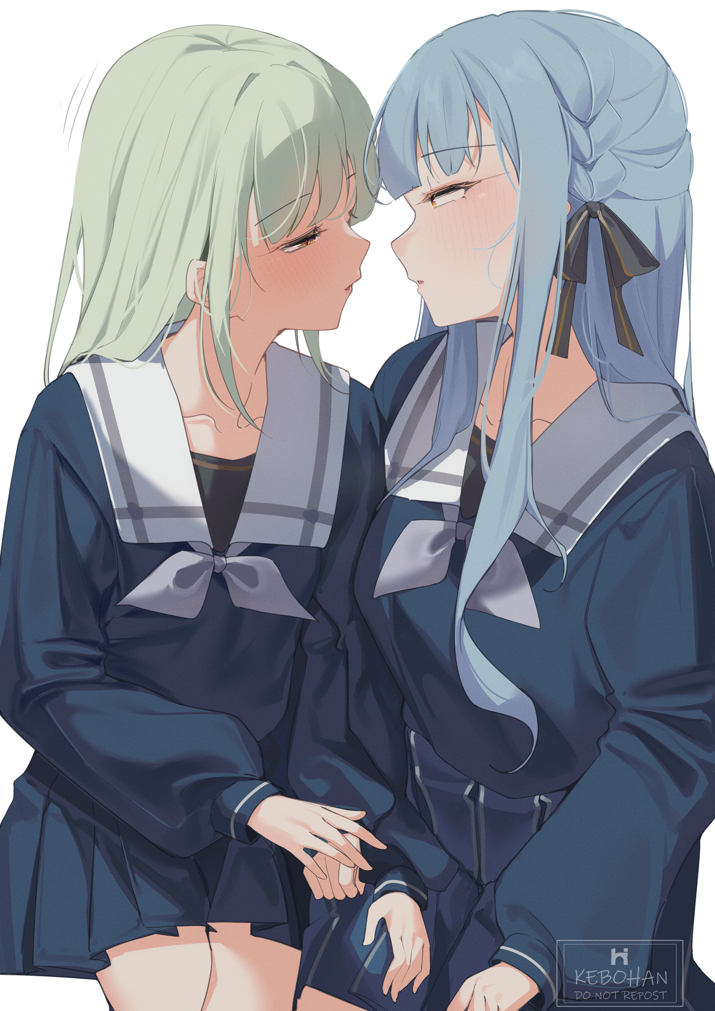 kebohan, togawa sakiko, wakaba mutsumi, bang dream!, bang dream! it's mygo!!!!!, commentary, highres, paid reward available, 2girls, black ribbon, blue hair, blue shirt, blue skirt, blush, eye contact, green hair, grey neckerchief, hair ribbon, long hair, long sleeves, looking at another, multiple girls, neckerchief, parted lips, ribbon, sailor collar, school uniform, shirt, simple background, skirt, tsukinomori school uniform, two side up, white background, white sailor collar, yellow eyes, yuri